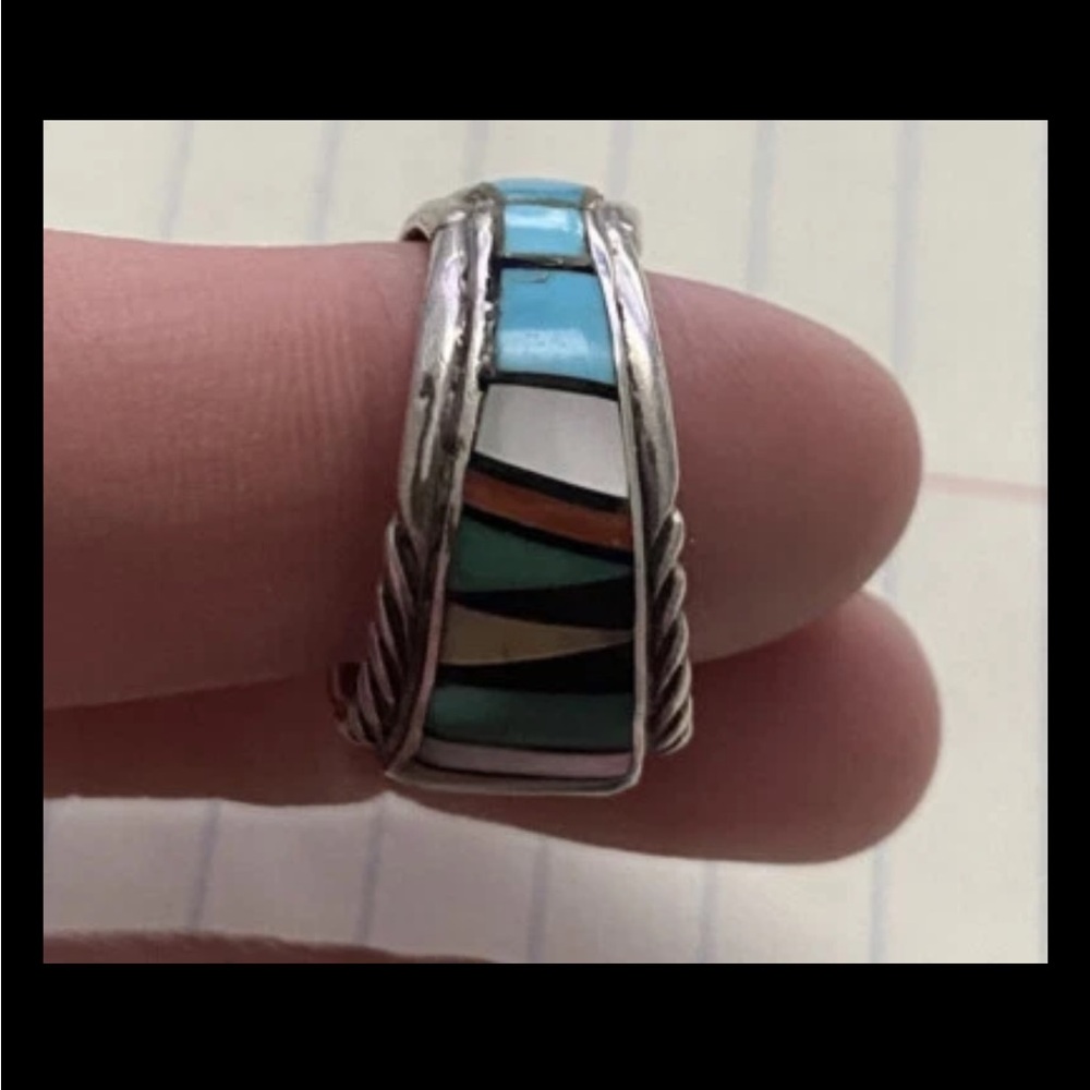 Silver Ring With Geometric Multicolor Design - image 4